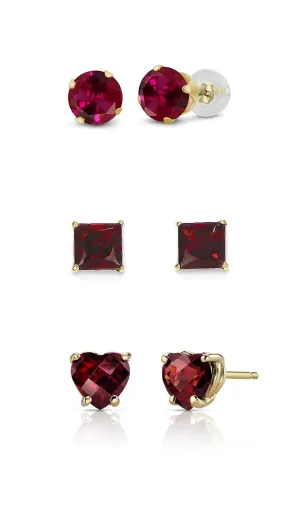 18k Yellow Gold Plated 6mm Created Garnet 3 Pair Round, Square and Heart Stud Earrings