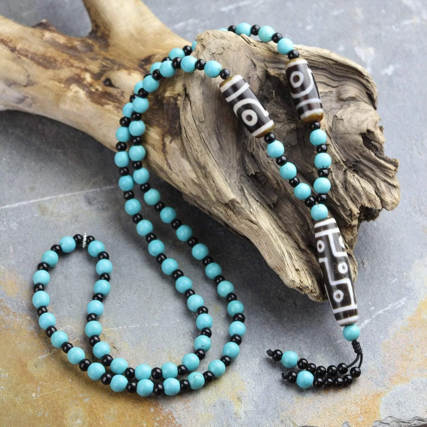 3 Dzi Bead Tibetan Necklace Made in Boudhanath