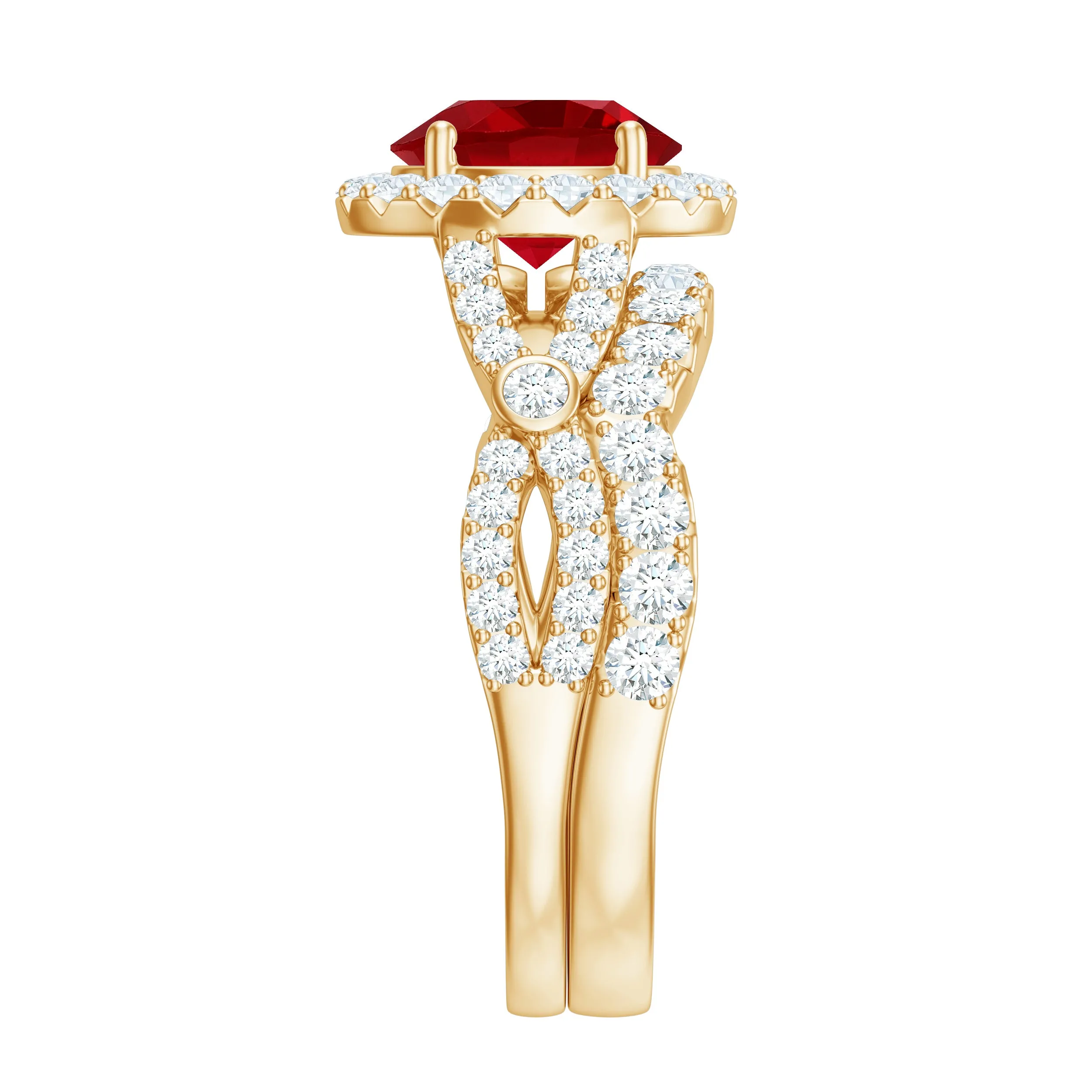 4 CT Created Ruby and Moissanite Crossover Bridal Ring Set