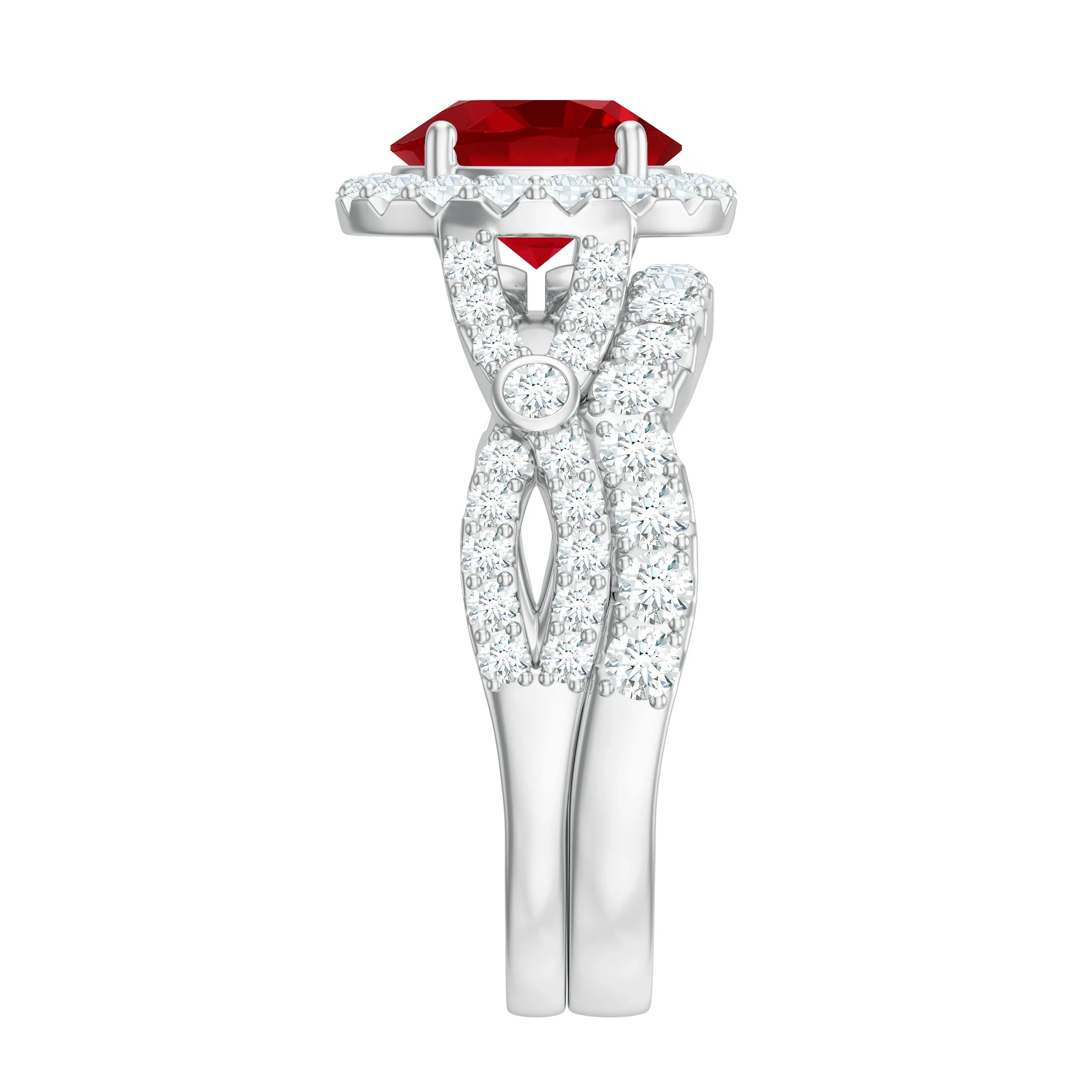 4 CT Created Ruby and Moissanite Crossover Bridal Ring Set