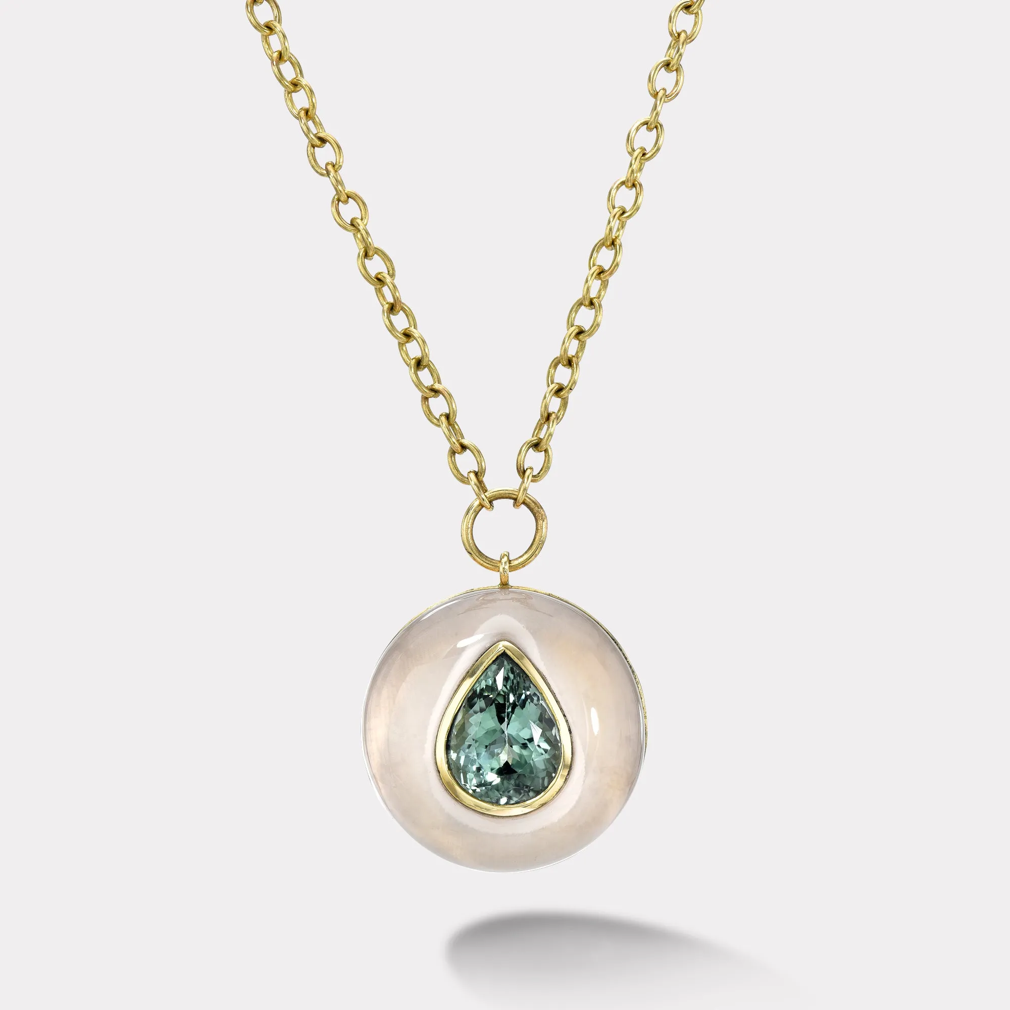 5.45ct Pear Green Tourmaline in Rose Quartz Lollipop Pendant