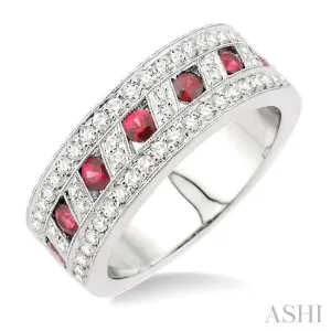 5/8 Ctw Round Cut Diamond and 2.6 mm Round Cut Ruby Precious Band in 18K White Gold