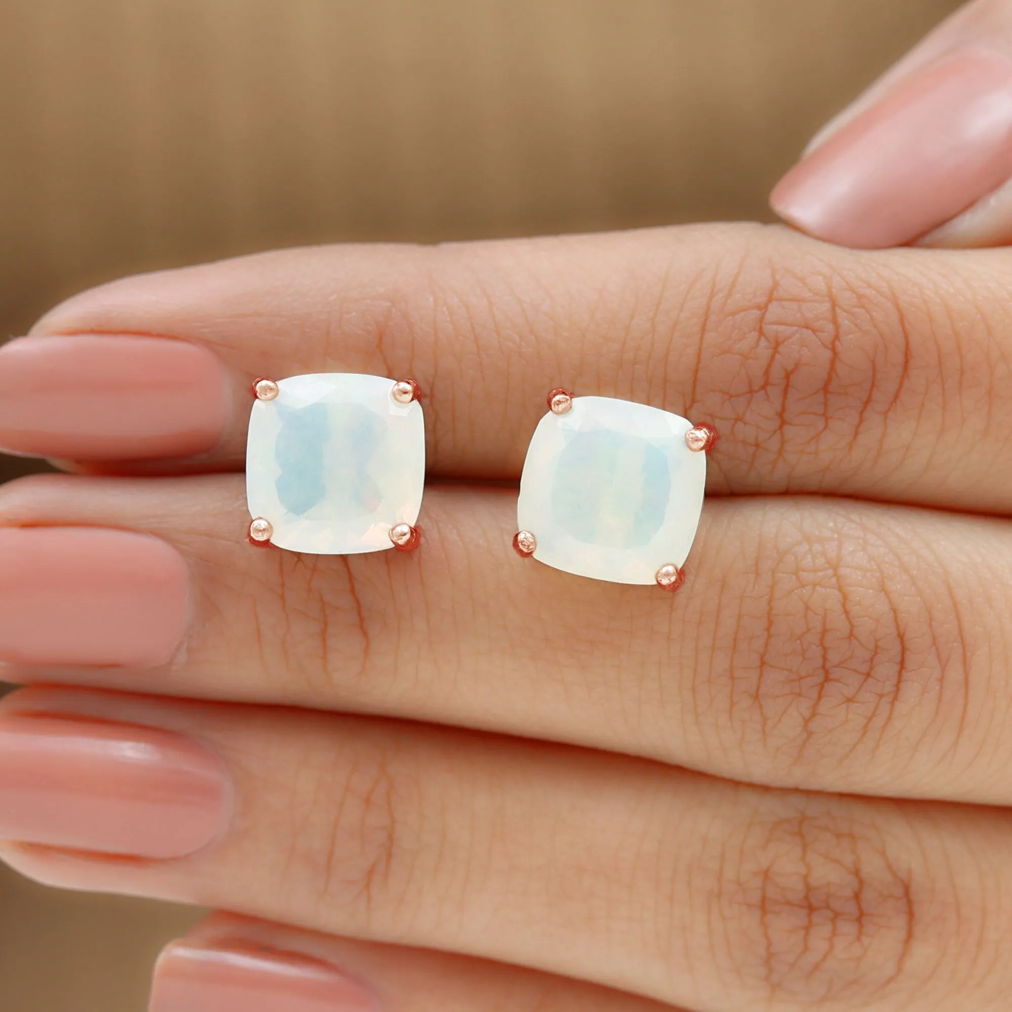 8 MM Cushion Cut Ethiopian Opal Solitaire Stud Earrings in Gold