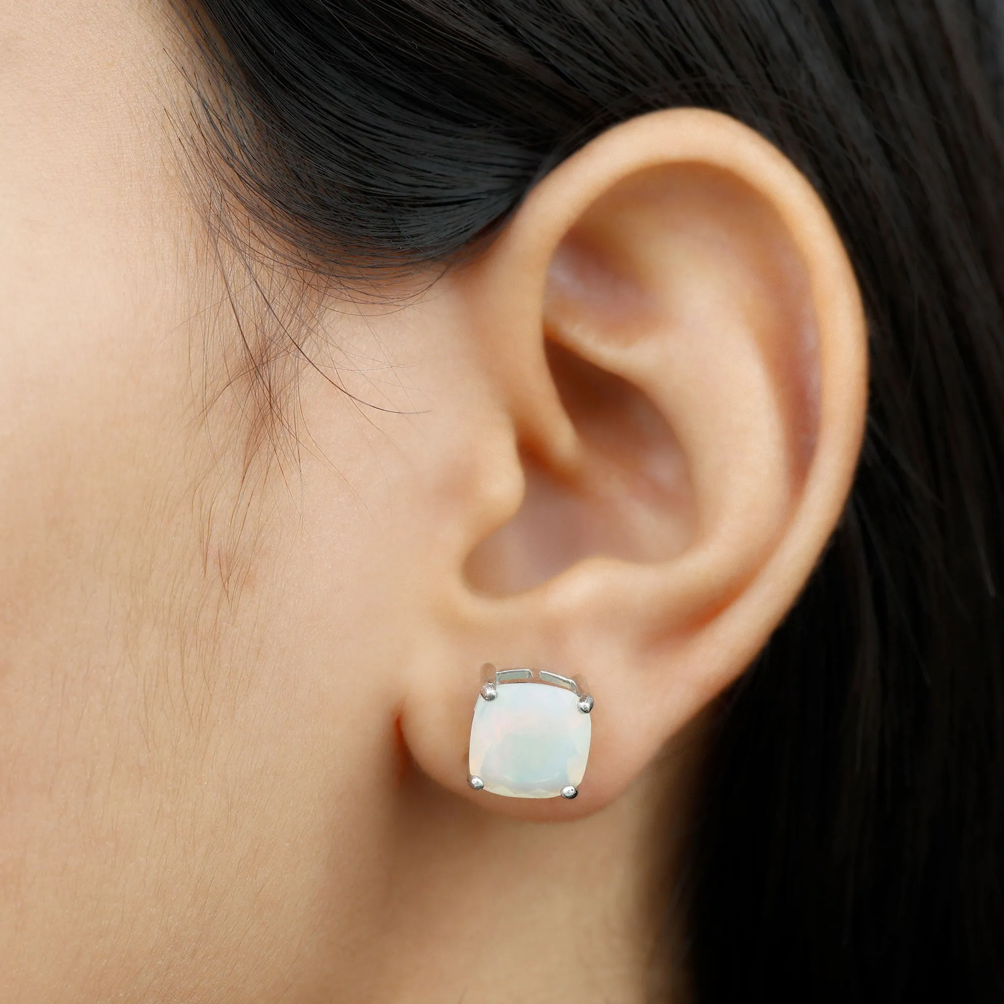 8 MM Cushion Cut Ethiopian Opal Solitaire Stud Earrings in Gold