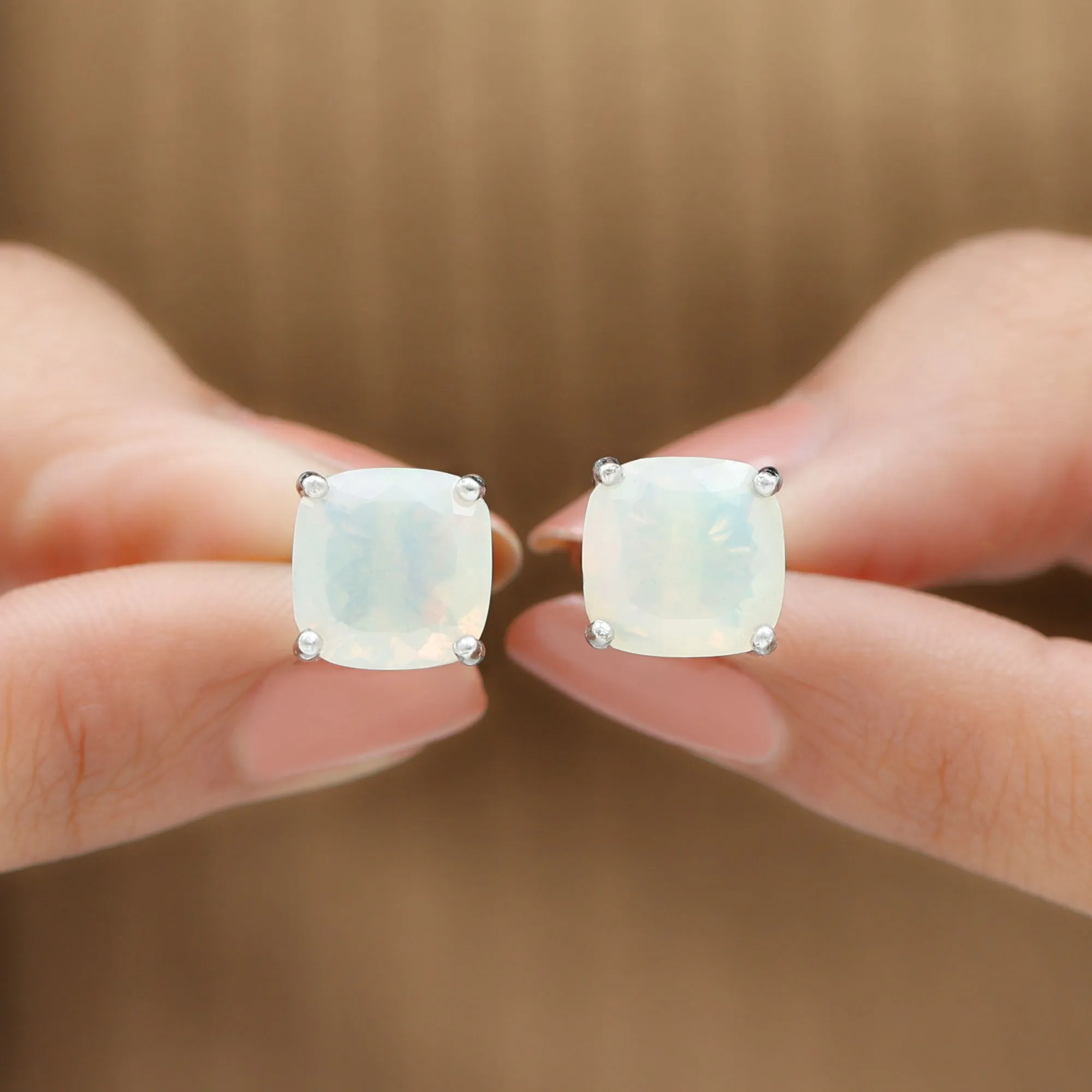 8 MM Cushion Cut Ethiopian Opal Solitaire Stud Earrings in Gold