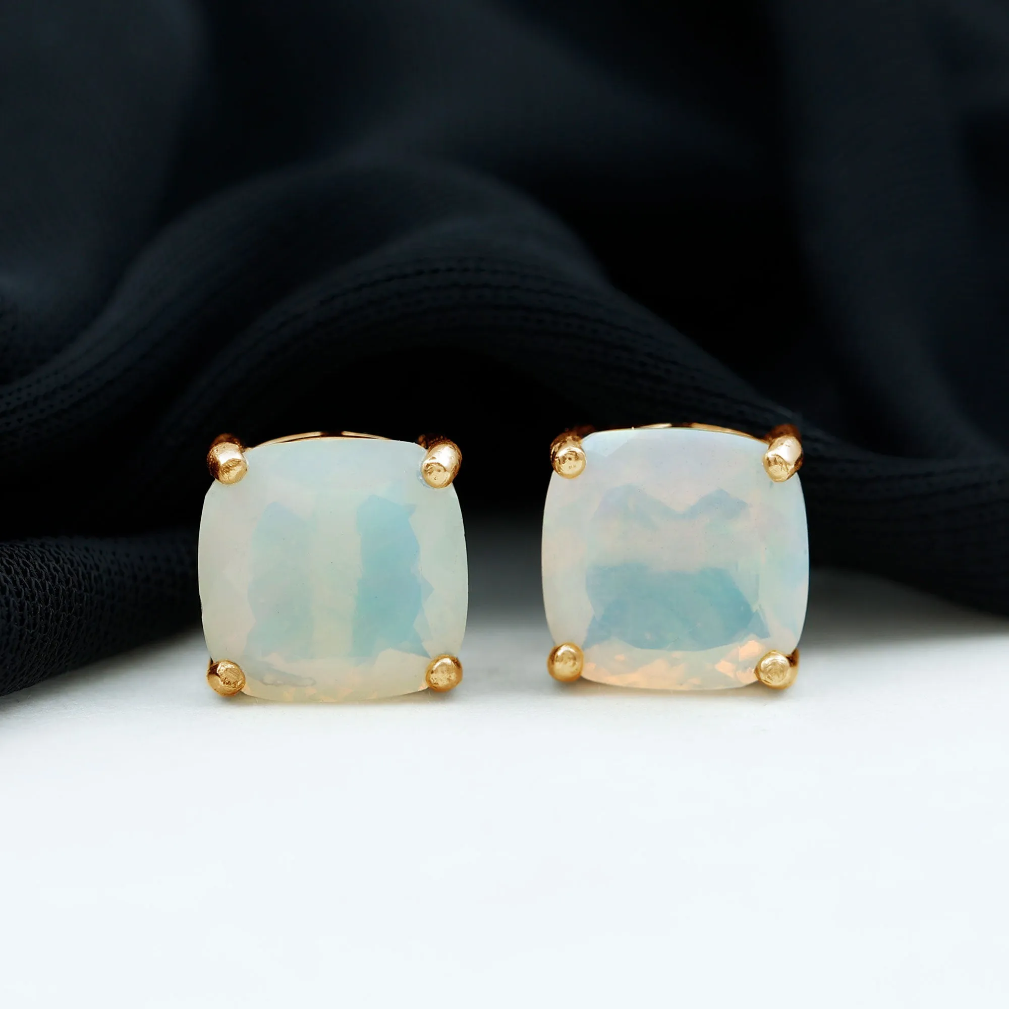 8 MM Cushion Cut Ethiopian Opal Solitaire Stud Earrings in Gold