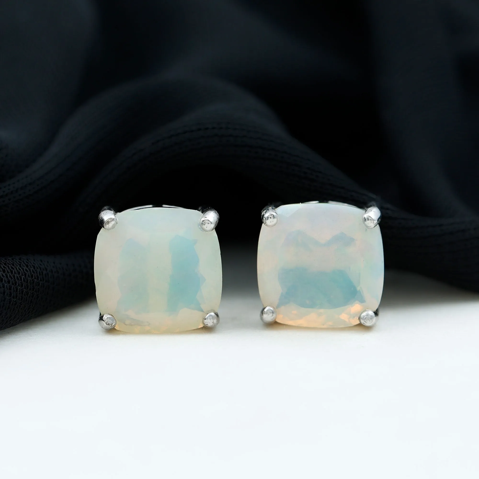 8 MM Cushion Cut Ethiopian Opal Solitaire Stud Earrings in Gold