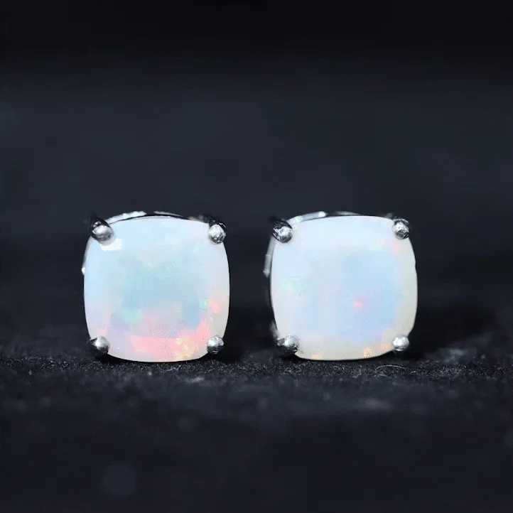 8 MM Cushion Cut Ethiopian Opal Solitaire Stud Earrings in Gold