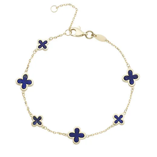 9ct Yellow Gold 6 Lapis Flower Motif Chain Bracelet