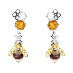 9ct Yellow Gold Sterling Silver Amber Bee and Honeycomb Drop Earrings