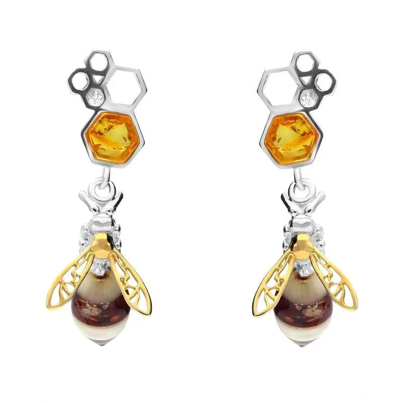 9ct Yellow Gold Sterling Silver Amber Bee and Honeycomb Drop Earrings