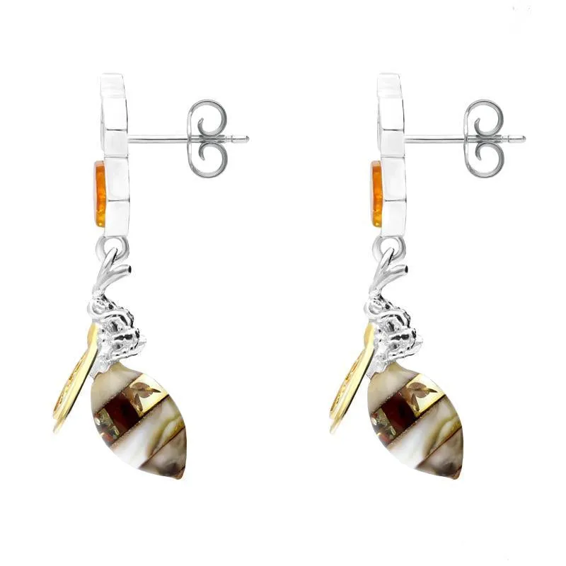 9ct Yellow Gold Sterling Silver Amber Bee and Honeycomb Drop Earrings