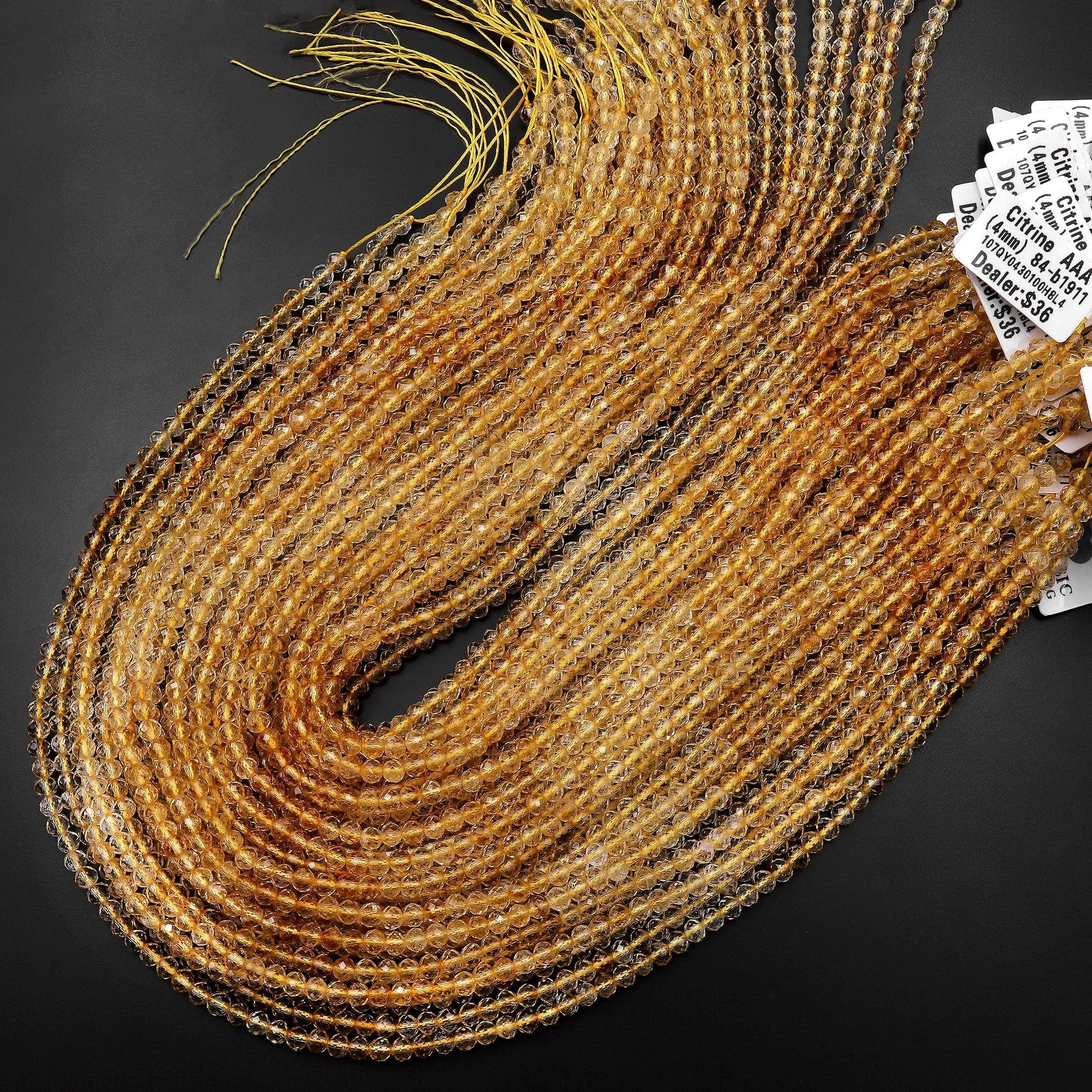 AAA Genuine Natural Citrine 4mm Faceted Round Beads Graduated Color Ombre 15.5" Strand