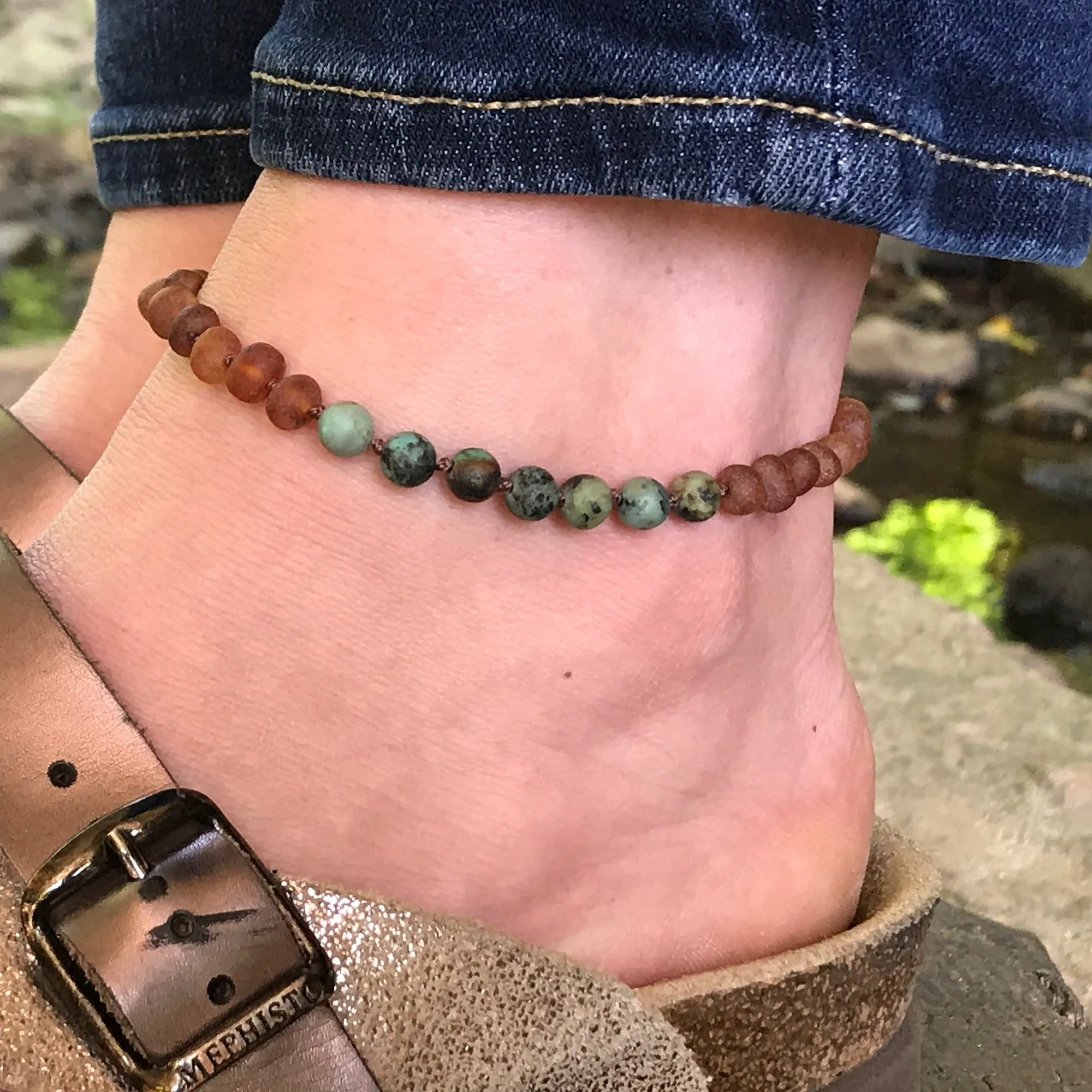 Adults | Rose Quartz   Raw Cognac Amber Anklet
