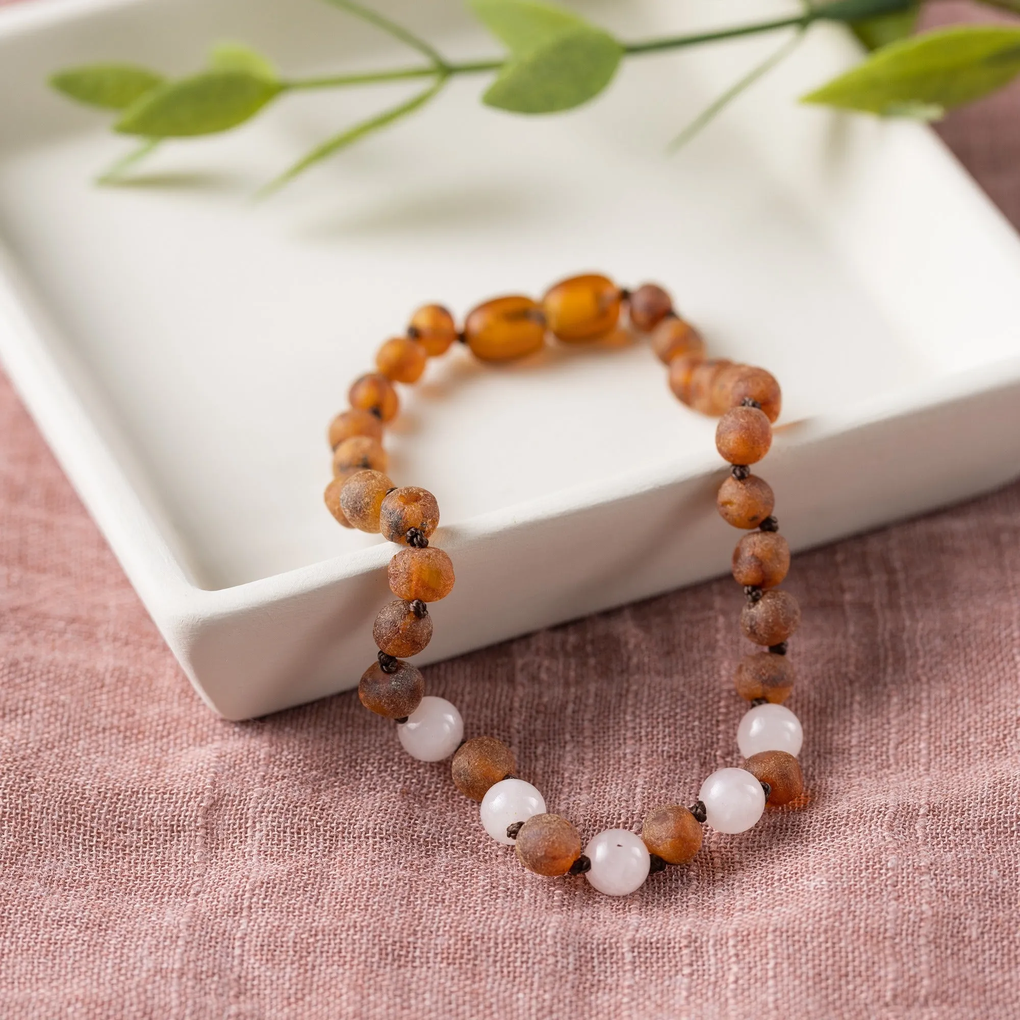 Adults | Rose Quartz   Raw Cognac Amber Anklet