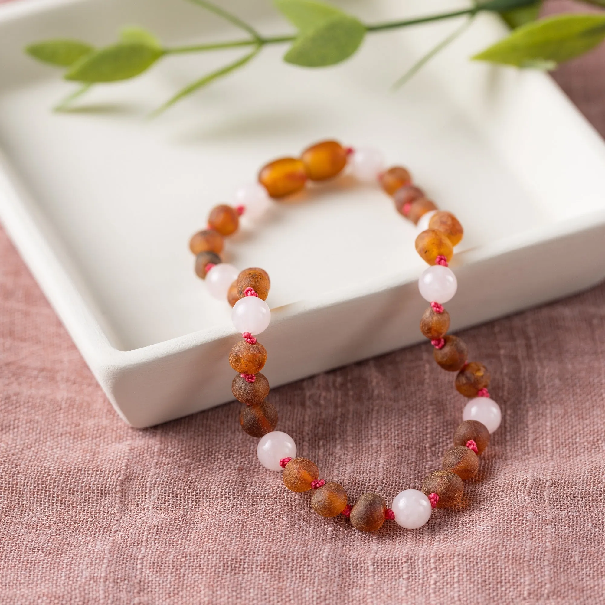 Adults | Rose Quartz   Raw Cognac Amber Anklet