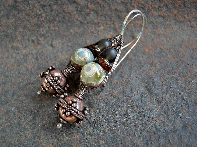 Agate & Amber Wrapped Hook Earrings, Dark Boho Elegance