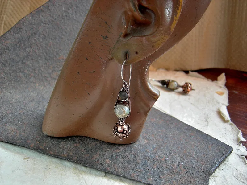 Agate & Amber Wrapped Hook Earrings, Dark Boho Elegance