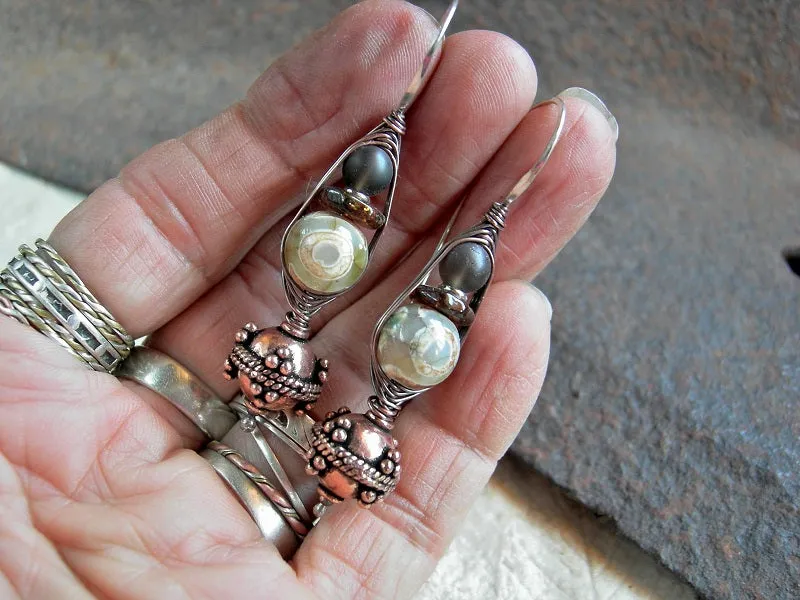 Agate & Amber Wrapped Hook Earrings, Dark Boho Elegance
