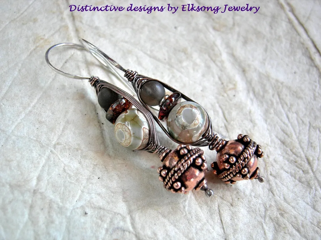 Agate & Amber Wrapped Hook Earrings, Dark Boho Elegance