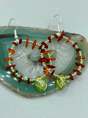 Amber Stone Chip Beaded Hoop Earrings, Hippie Vibe, Shabby Chic, Boho Chic, Nature Inspired, Bohemian