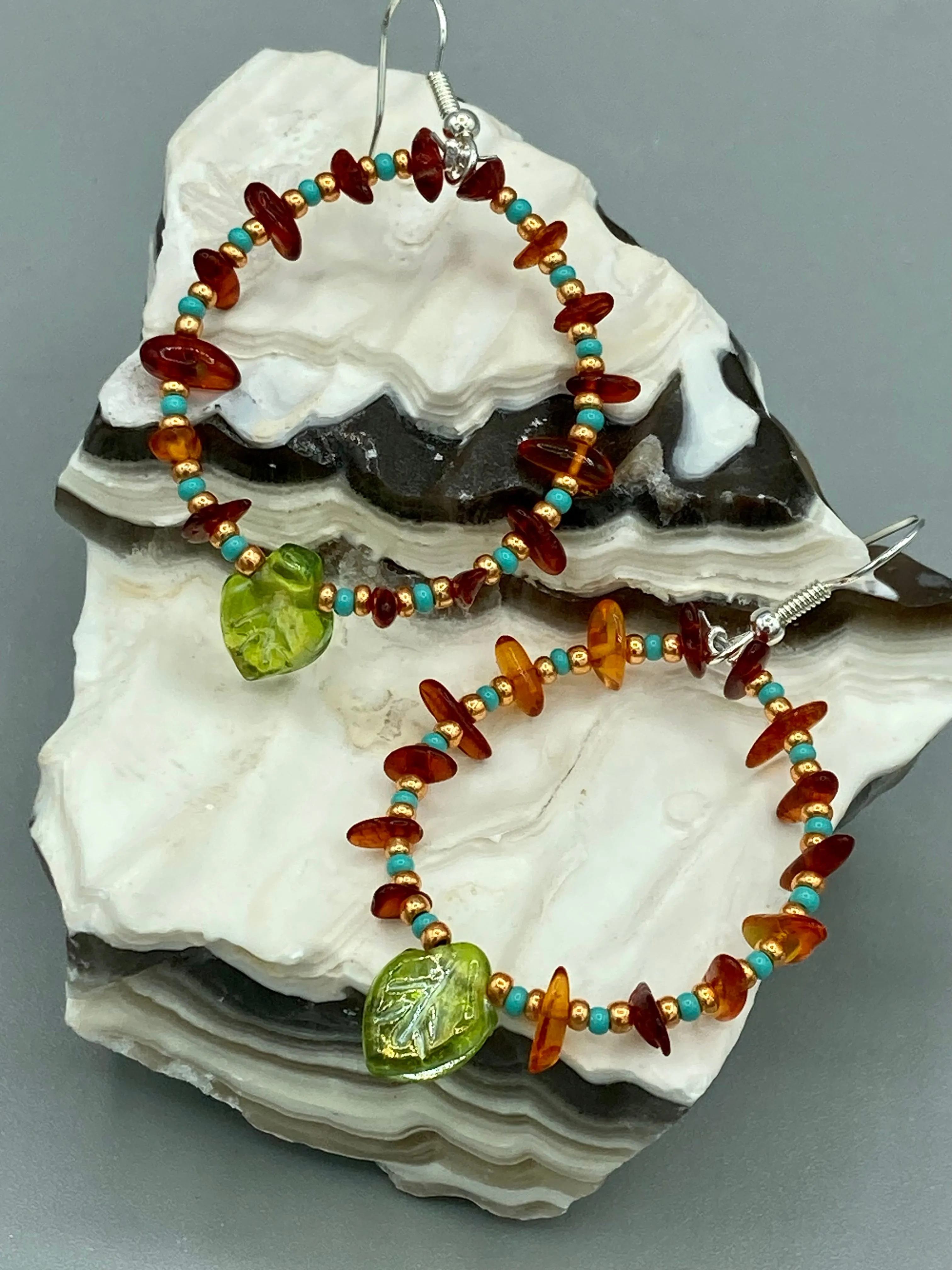 Amber Stone Chip Beaded Hoop Earrings, Hippie Vibe, Shabby Chic, Boho Chic, Nature Inspired, Bohemian