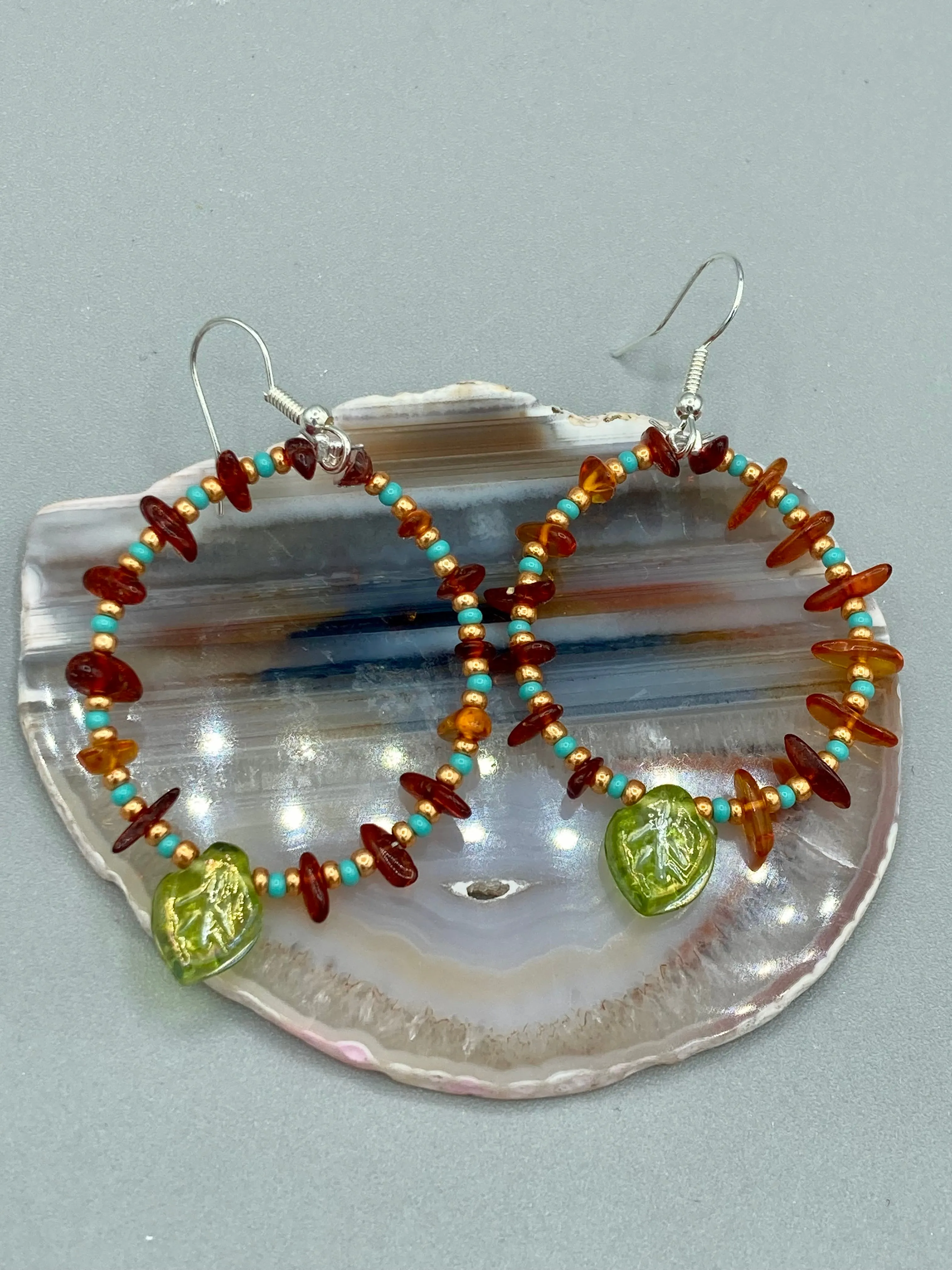 Amber Stone Chip Beaded Hoop Earrings, Hippie Vibe, Shabby Chic, Boho Chic, Nature Inspired, Bohemian