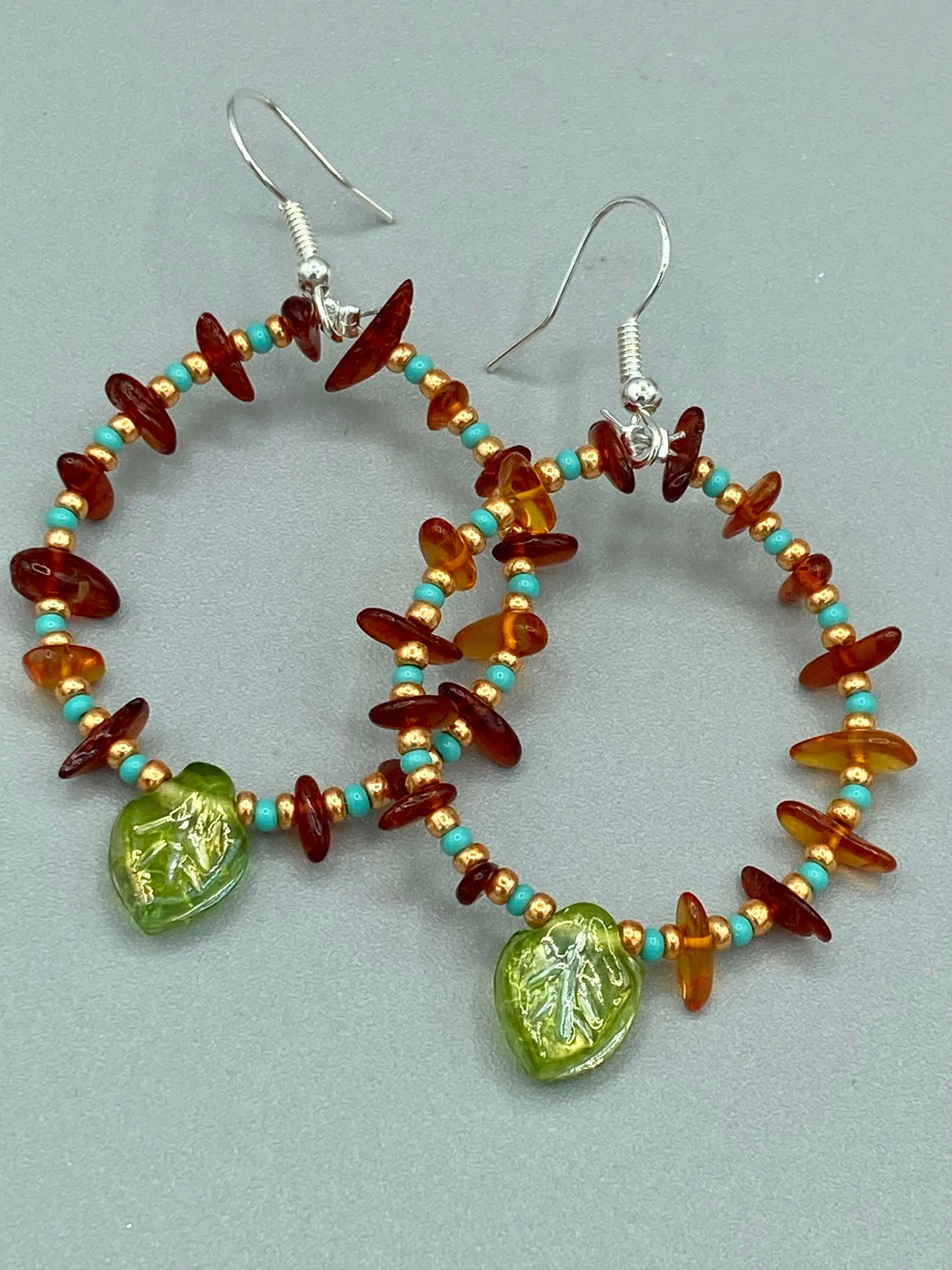 Amber Stone Chip Beaded Hoop Earrings, Hippie Vibe, Shabby Chic, Boho Chic, Nature Inspired, Bohemian