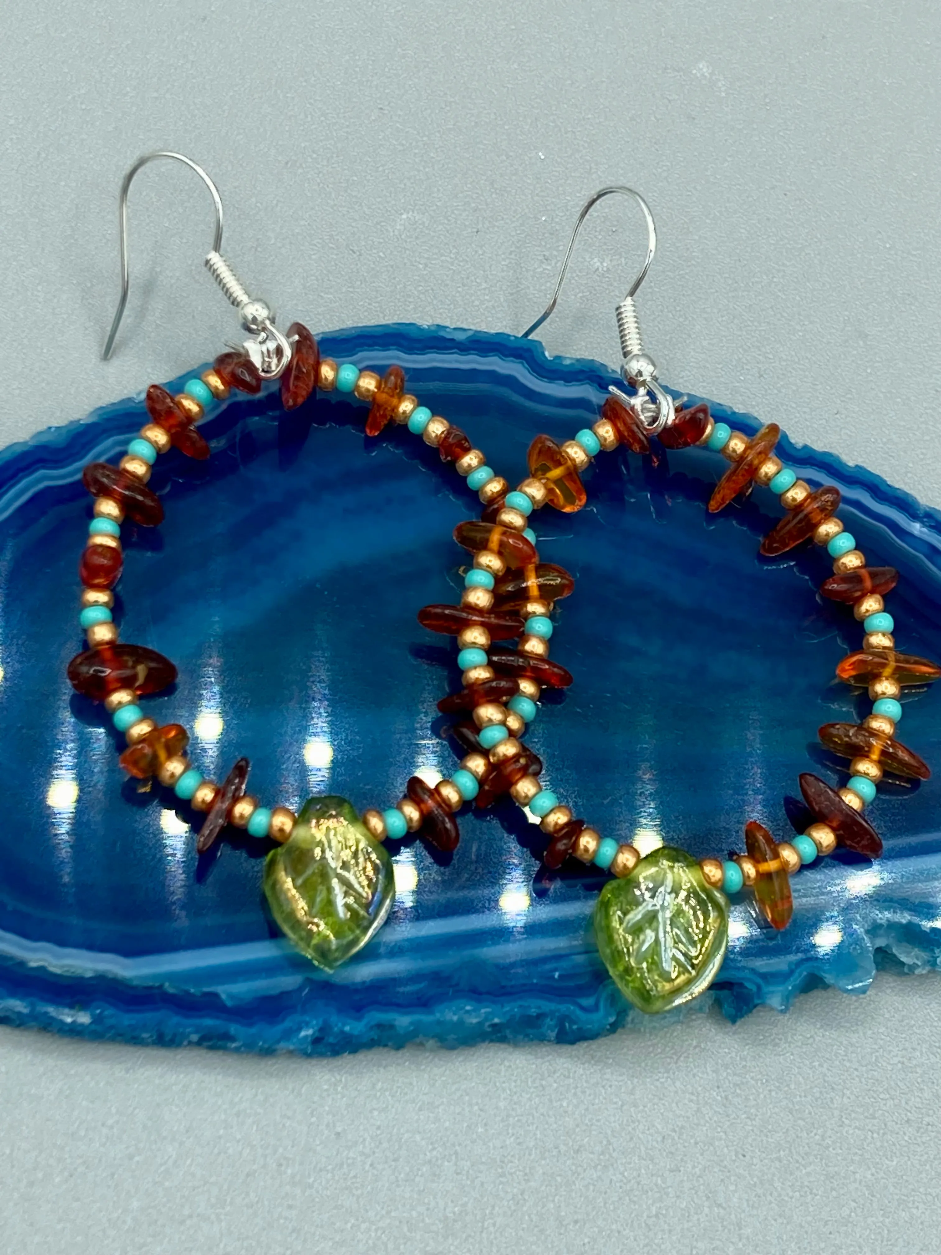 Amber Stone Chip Beaded Hoop Earrings, Hippie Vibe, Shabby Chic, Boho Chic, Nature Inspired, Bohemian