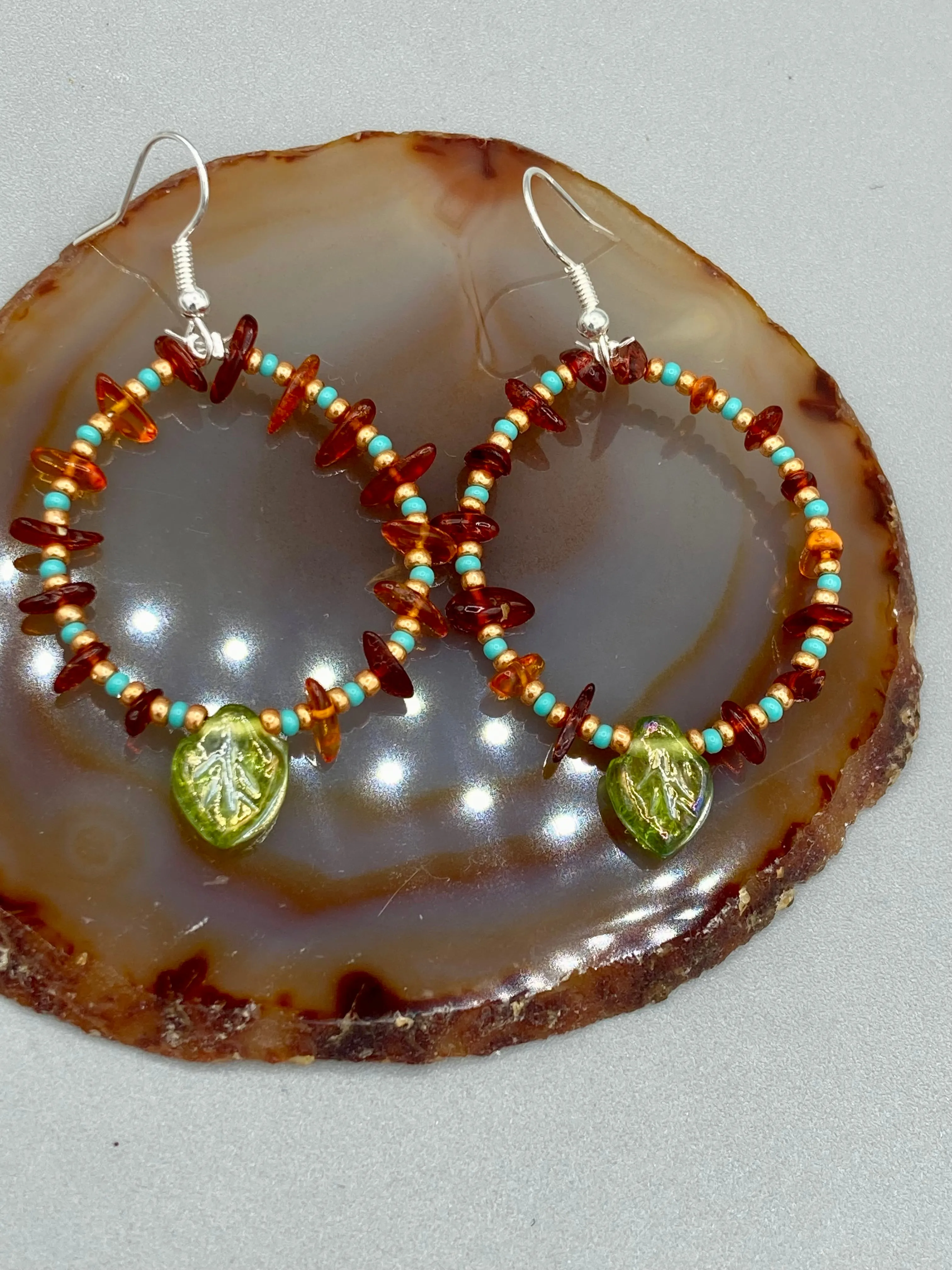 Amber Stone Chip Beaded Hoop Earrings, Hippie Vibe, Shabby Chic, Boho Chic, Nature Inspired, Bohemian