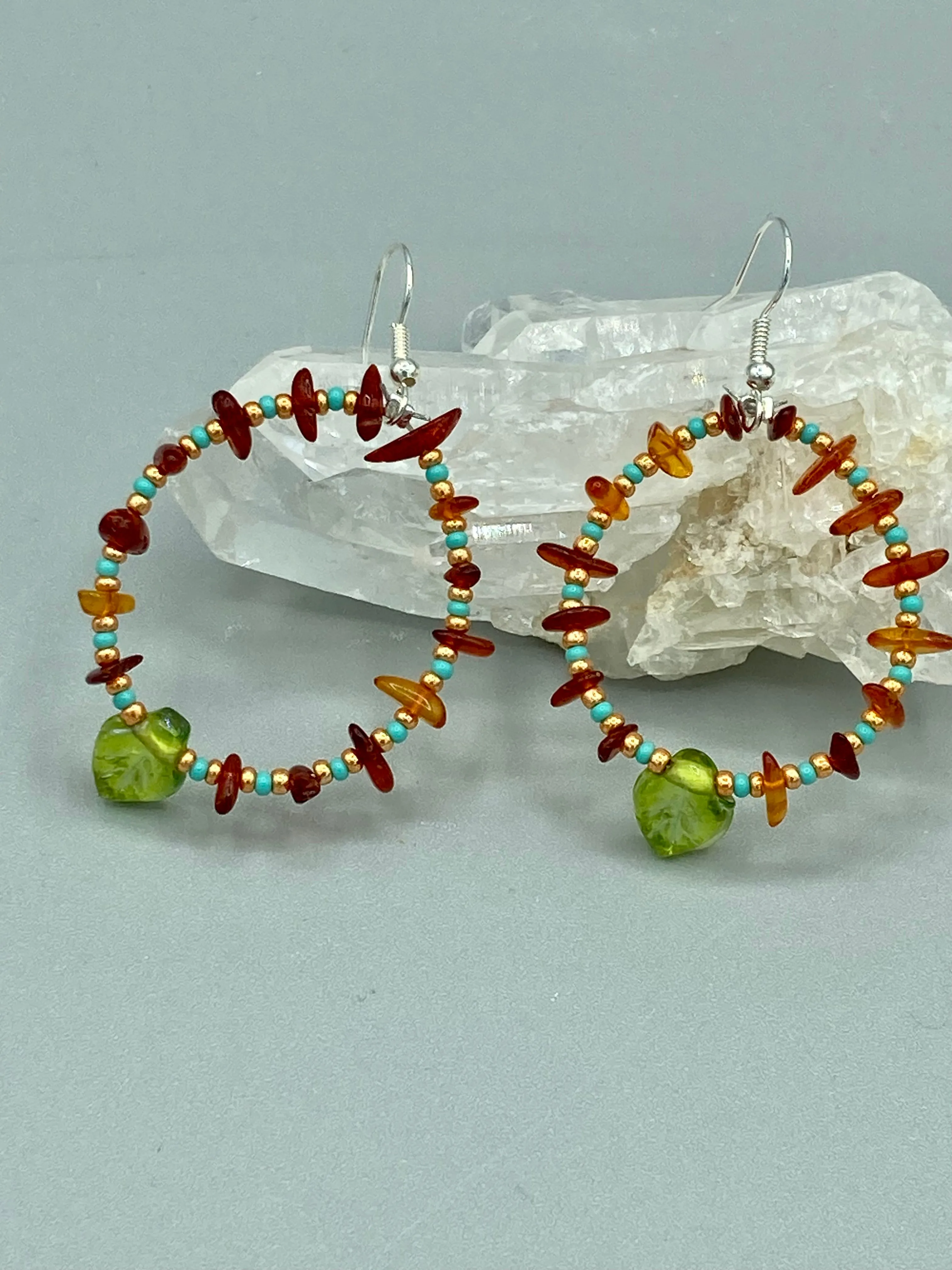 Amber Stone Chip Beaded Hoop Earrings, Hippie Vibe, Shabby Chic, Boho Chic, Nature Inspired, Bohemian