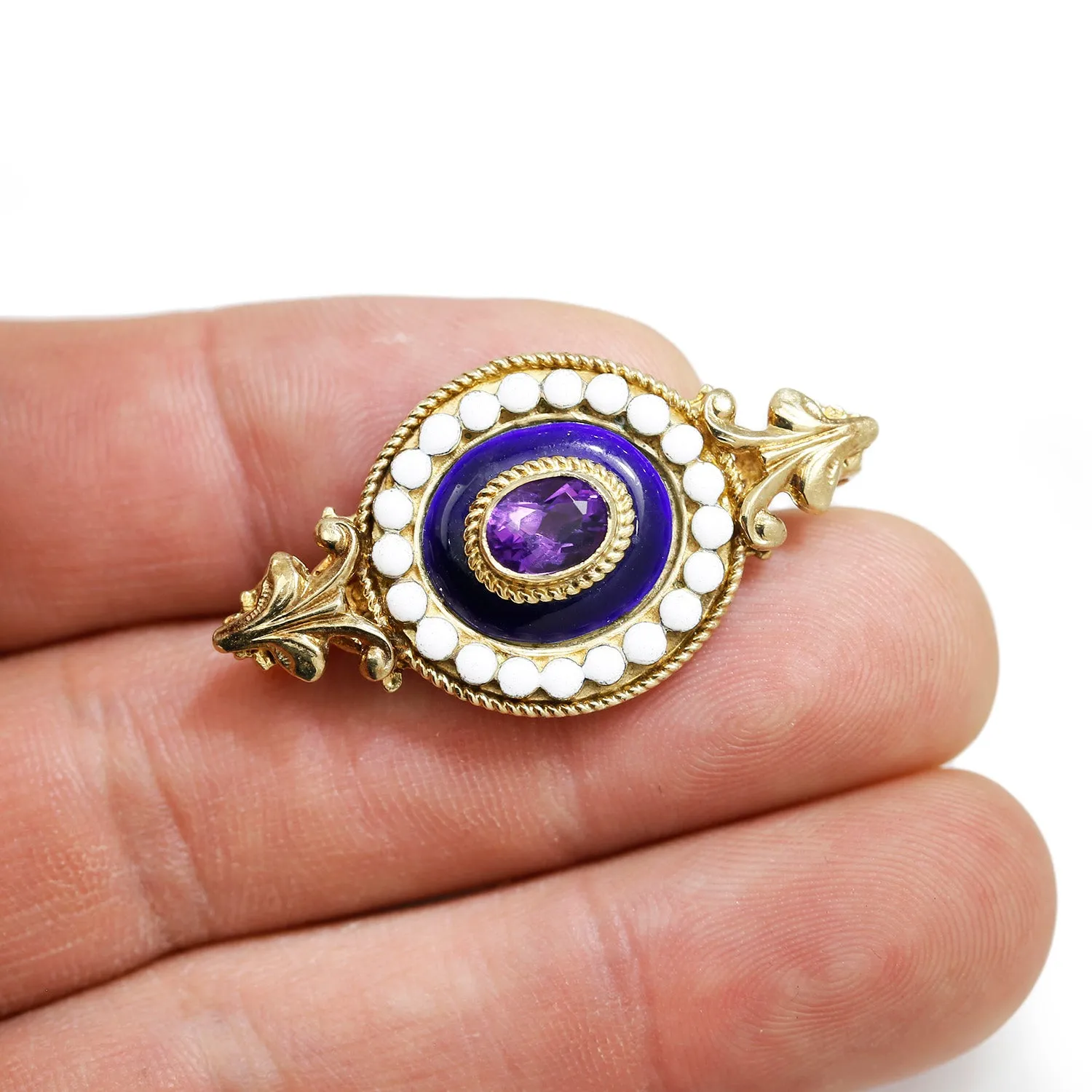 Antique Amethyst Brooch Lapel Pin with Blue & White Enamel
