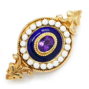 Antique Amethyst Brooch Lapel Pin with Blue & White Enamel