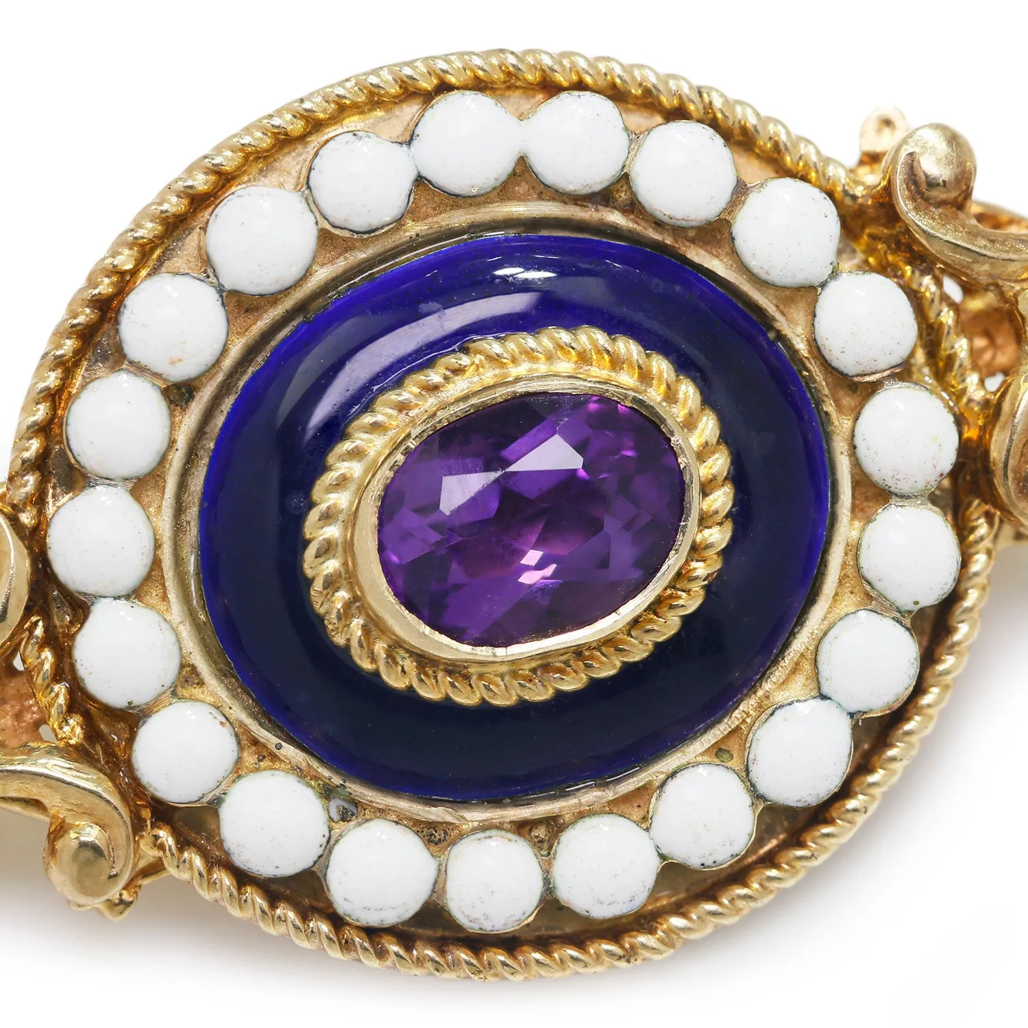 Antique Amethyst Brooch Lapel Pin with Blue & White Enamel