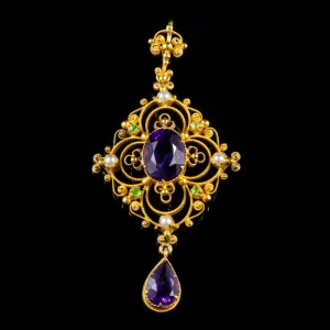 Antique Suffragette 3.50Ct Amethyst Cannetille Pendant 15Ct Gold Circa 1918