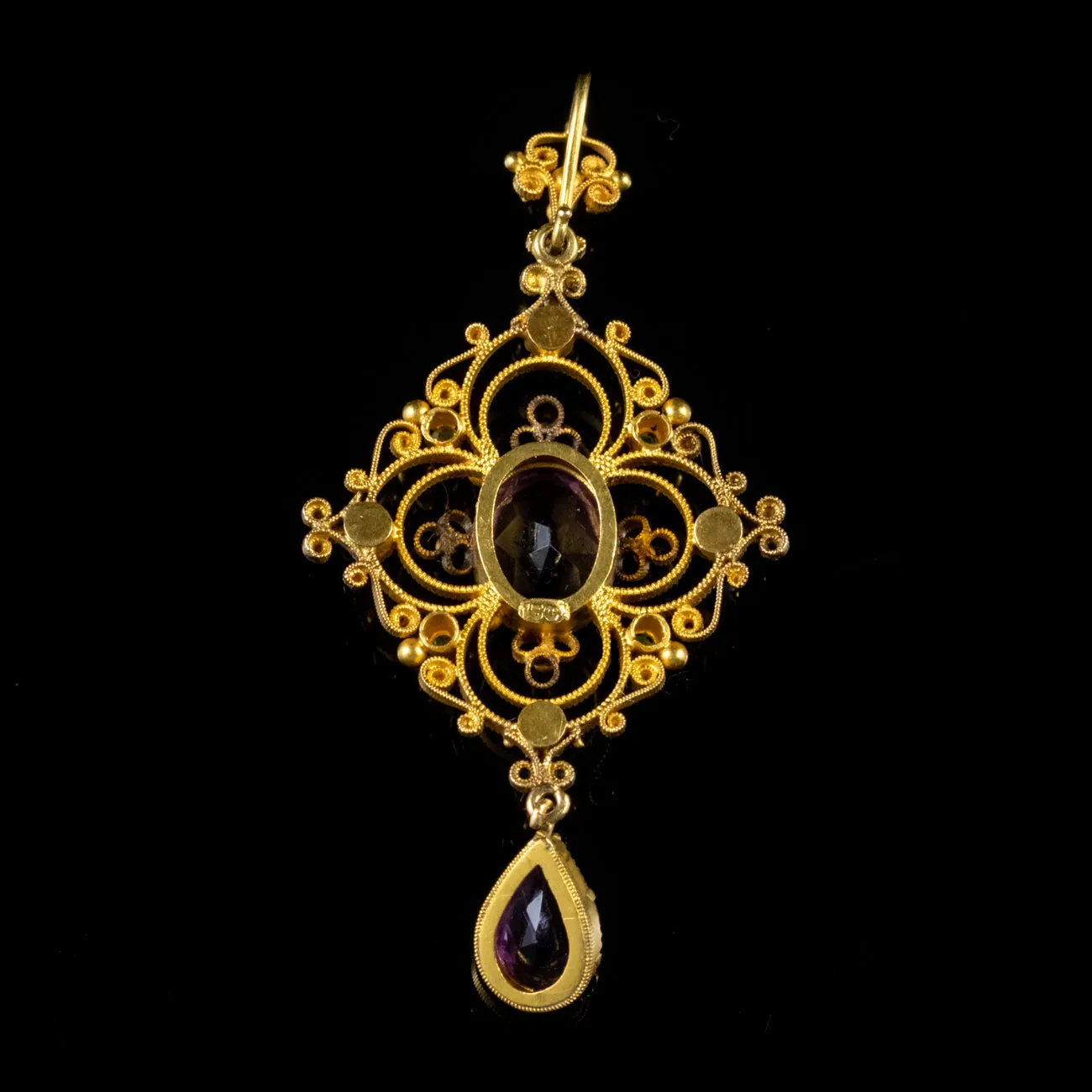Antique Suffragette 3.50Ct Amethyst Cannetille Pendant 15Ct Gold Circa 1918