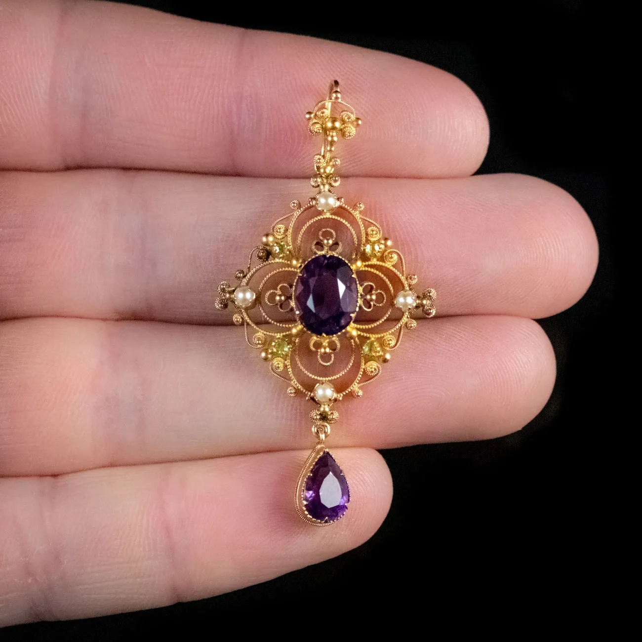 Antique Suffragette 3.50Ct Amethyst Cannetille Pendant 15Ct Gold Circa 1918