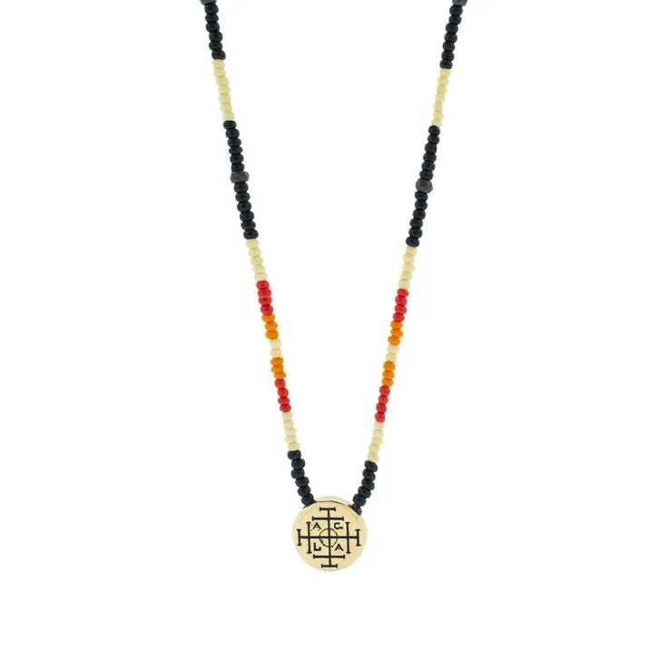 Antiqued Gold Money Seal Pendant on Beaded Necklace