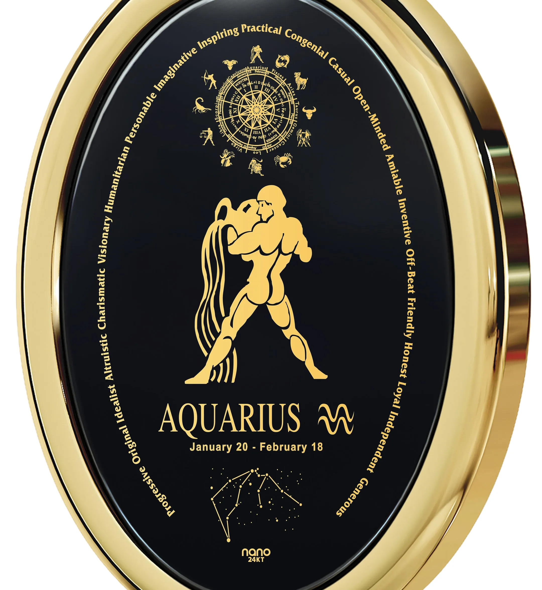 Aquarius Necklace Zodiac Pendant 24k Gold Inscribed on Onyx Stone