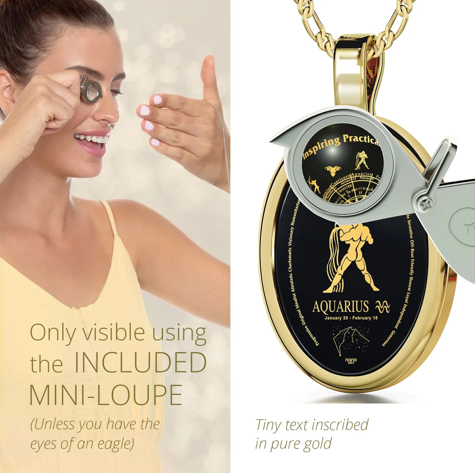 Aquarius Necklace Zodiac Pendant 24k Gold Inscribed on Onyx Stone