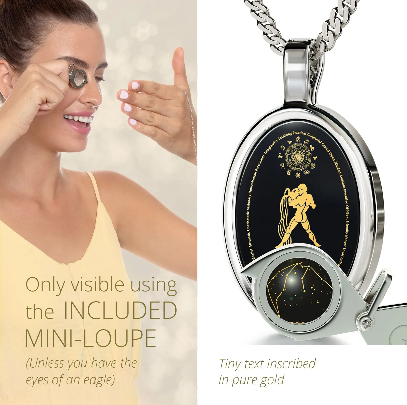 Aquarius Necklace Zodiac Pendant 24k Gold Inscribed on Onyx Stone