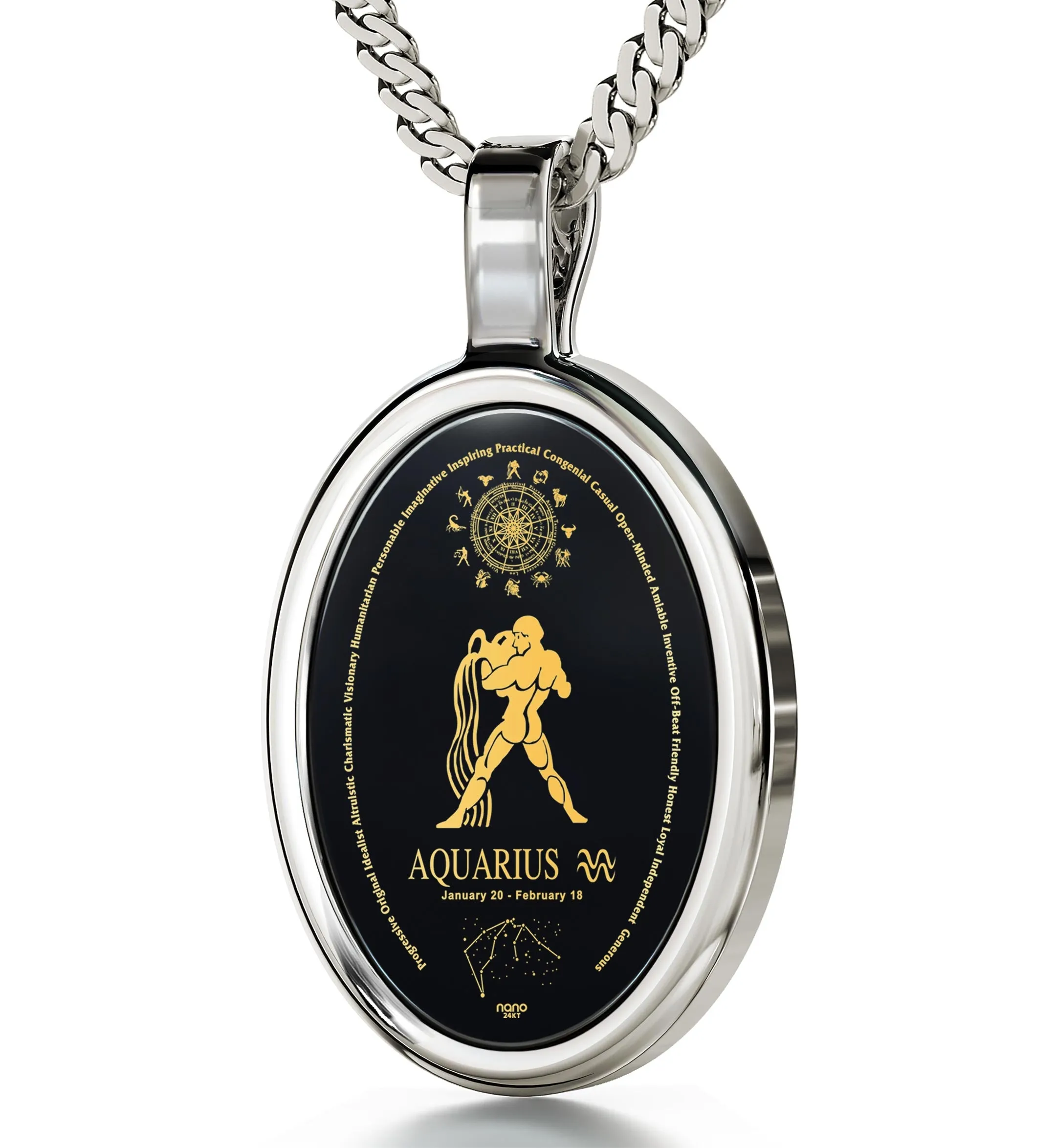 Aquarius Necklace Zodiac Pendant 24k Gold Inscribed on Onyx Stone