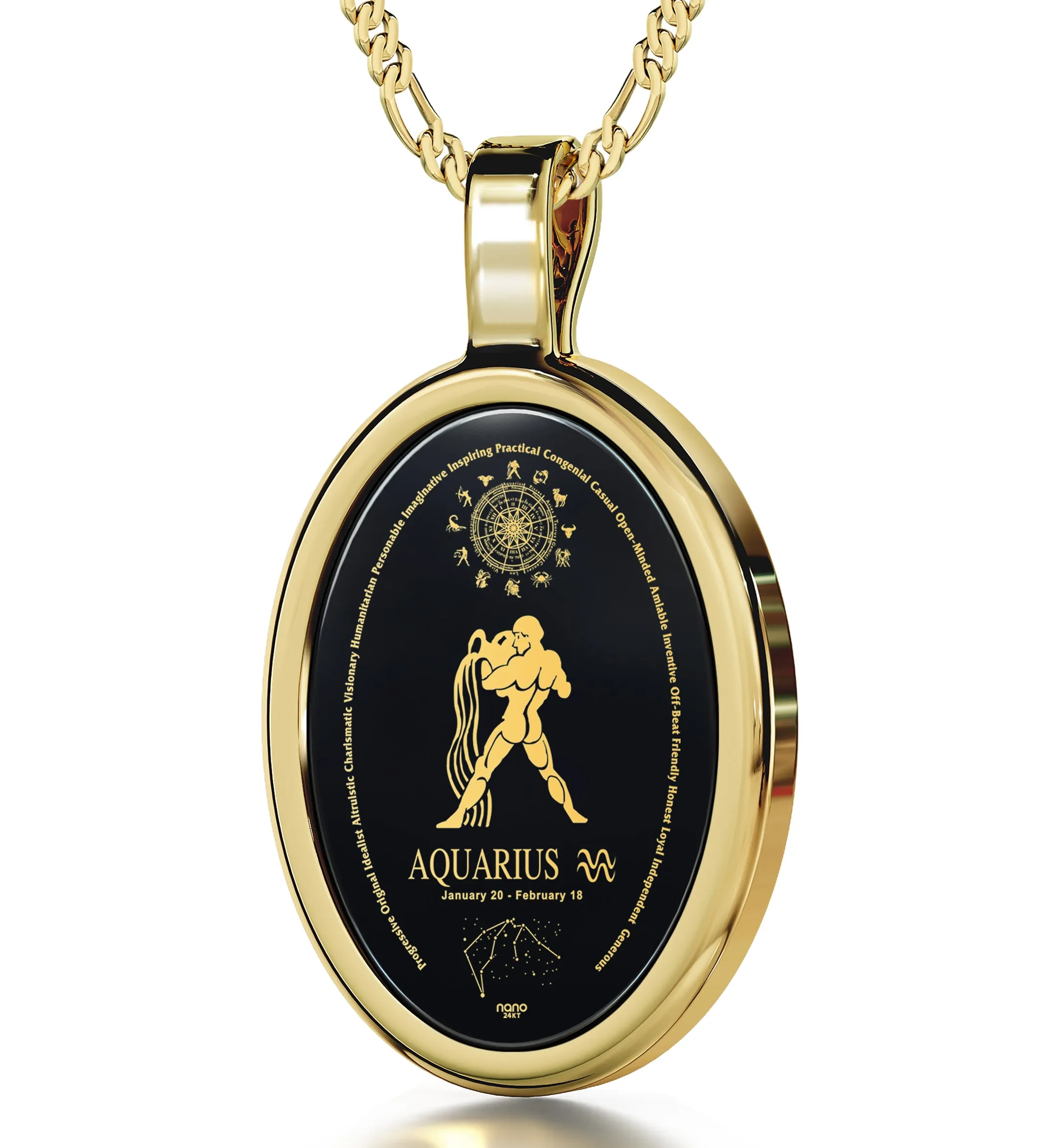 Aquarius Necklace Zodiac Pendant 24k Gold Inscribed on Onyx Stone