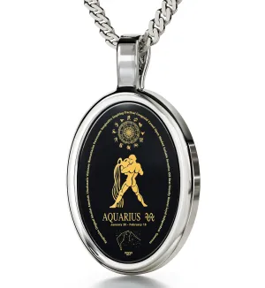 Aquarius Necklace Zodiac Pendant 24k Gold Inscribed on Onyx Stone