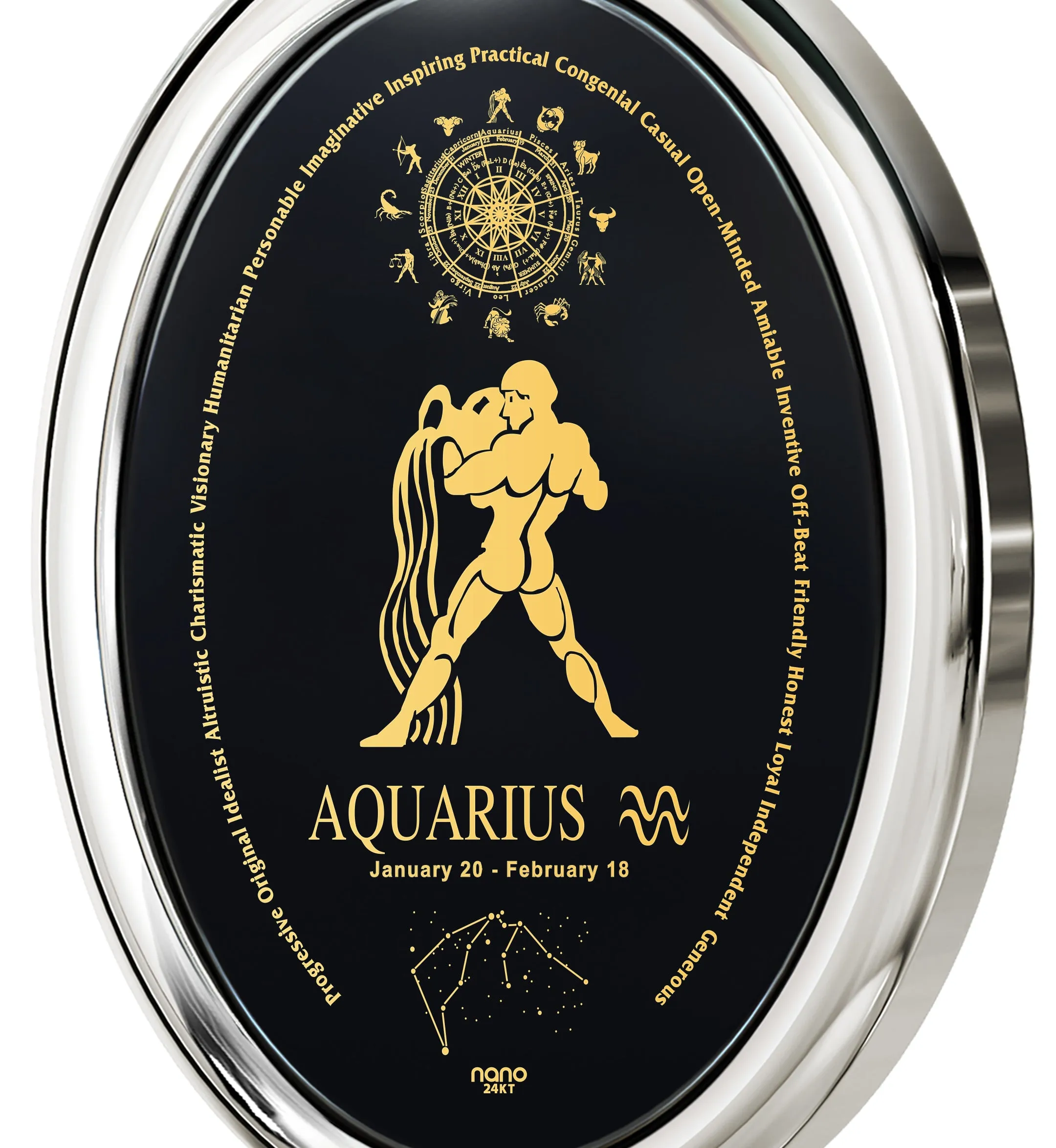 Aquarius Necklace Zodiac Pendant 24k Gold Inscribed on Onyx Stone