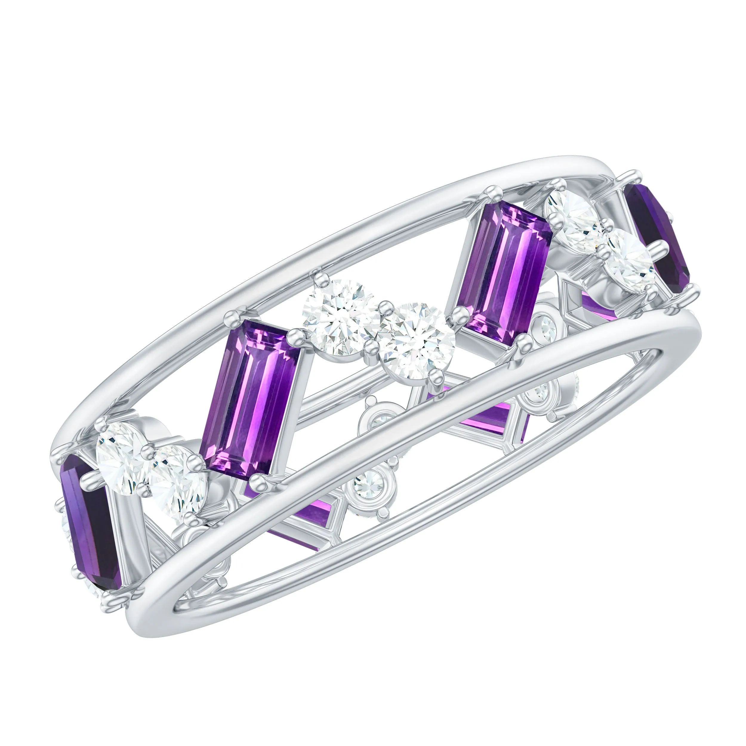 Baguette Cut Amethyst and Diamond Eternity Ring