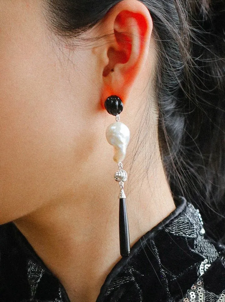 Baroque Pearl Black Onyx Long Teardrop Drop Earrings
