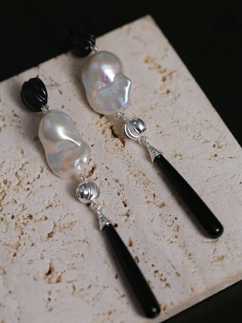 Baroque Pearl Black Onyx Long Teardrop Drop Earrings