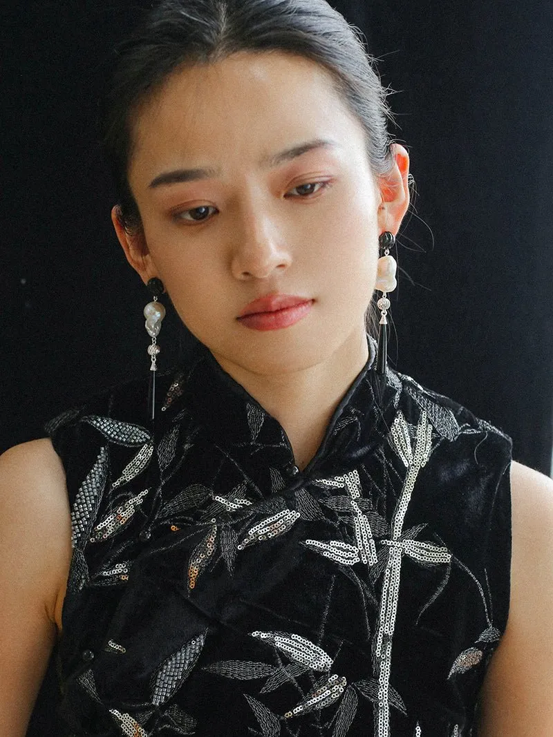 Baroque Pearl Black Onyx Long Teardrop Drop Earrings