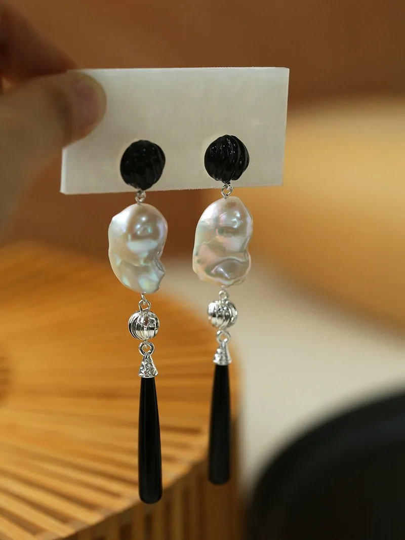 Baroque Pearl Black Onyx Long Teardrop Drop Earrings